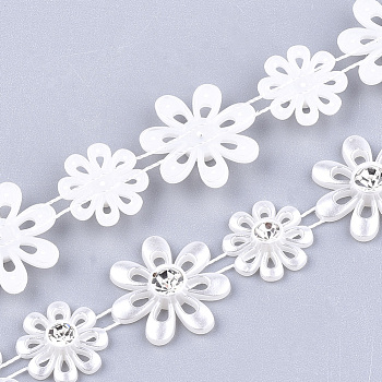 ABS Plastic Imitation Pearl Beaded Trim Garland Strand, Great for Door Curtain, Wedding Decoration DIY Material, with Rhinestone, Flower, Creamy White, 19.5x4.5mm, 13.5x4.5mm, 10yards/roll