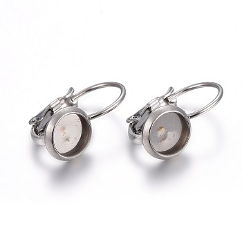 304 Stainless Steel Leverback Earring Settings, Flat Round, Stainless Steel Color, Tray: 6mm, 16x8x11mm, Pin: 0.7mm