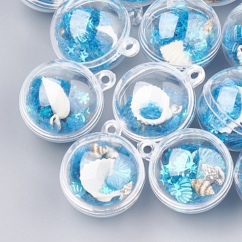 Plastic Ball Pendants, with Shell and Sequins, Round, Deep Sky Blue, 36x30x30mm, Hole: 3mm