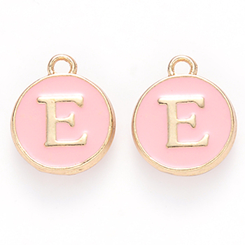 Golden Plated Alloy Enamel Charms, Cadmium Free & Lead Free, Enamelled Sequins, Flat Round with Letter, Pink, Letter.E, 14x12x2mm, Hole: 1.5mm
