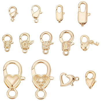 Elite 13Pcs 13 Styles Rack Plating Brass Lobster Claw Clasps, Golden, Mixed Shapes, 10~26.5x5~14.5x2.5~6.5mm, Hole: 0.9~4mm, 1pc/style