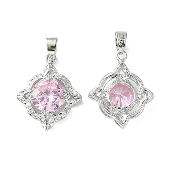 Brass Micro Pave Pink Cubic Zirconia Pendants, Flower Charm, Real Platinum Plated, 21.5x17x5.5mm, Hole: 4.5x3.5mm