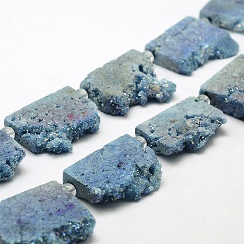 Electroplated Natural Druzy Crystal Beads Strands, Flat Slab Beads, Nuggets, Dyed, Rainbow Plated, 35~37x23~42x8~9mm, Hole: 2~2.5mm, about 5pcs/strand, 8.07 inch~8.26 inch (20.5~21cm)