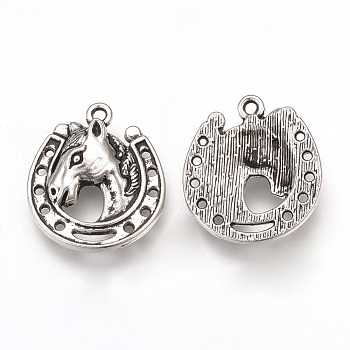 Tibetan Style Alloy Pendants, Horse Head with Horseshoes, Cadmium Free & Lead Free, Antique Silver, 21x18.5x4mm, Hole: 1.5mm