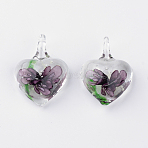Handmade Luminous Lampwork Pendants, with Inner Flower, Heart, Old Rose, 27~33x21~23x9~11mm, Hole: 4~7mm(X-LAMP-R136-04C)