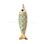304 Stainless Steel Enamel Pendants, Fish Charms, Ion Plating(IP), Golden, Dark Turquoise, 25.5x6x3.5mm, Hole: 1.4mm(STAS-B128-52G-01)