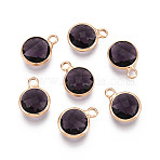 Golden Tone Brass Glass Charms, Flat Round, Faceted, Dark Slate Blue, 11~12x8.5~9x3.5~4mm, Hole: 1.8~2mm(GLAA-ZX008-24A-G)