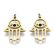 304 Stainless Steel Enamel Charms, with Jump Rings, Hamsa Hand/Hand of Fatima/Hand of Miriam with Eye, Real 14K Gold Plated, Black, 14.5x11.5x1mm, Jump Ring: 2.7x0.4mm, 1.9mm inner diameter(STAS-S116-372A-G)