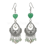Natural Green Aventurine &  Malaysia Jade (Dyed) Heart Chandelier Earrings, Alloy Teardrop Earrings with 304 Stainless Steel Pins, 80x26mm(EJEW-JE05364-02)