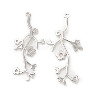 Brass Pendants, Branch with Flower Charm, Real Platinum Plated, 38x18x1mm, Hole: 1.4mm(KK-G468-26P)