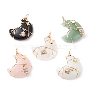 Natural & Synthetic Gemstone Copper Wire Wrapped Pendants, Moon Charm, with Brass Clear Cubic Zirconia, 43~44x30.5~31x10.5~11.5mm, Hole: 4~5mm(PALLOY-JF01702)