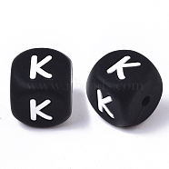Food Grade Eco-Friendly Silicone Beads, Horizontal Hole, Chewing Beads For Teethers, DIY Nursing Necklaces Making, Cube, Black, Letter.K, 12x12x12mm, Hole: 2mm(SIL-T055-K)