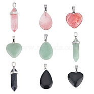 SUNNYCLUE 9Pcs 9 Style Natural & Synthetic Mixed Gemstone Pendants, with Brass & Alloy Findings, Heart & Bullet & Teardrop, Platinum, 1pc/style(G-SC0001-73)
