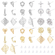 Elite 32Pcs 16 Style Alloy Stud Earring Findings, with Loops and 304 Stainless Steel Steel Pins, Star & Leaf & Flower & Rhombus & Heart, Cadmium Free & Nickel Free & Lead Free, with 70Pcs Plastic Ear Nuts, Platinum & Light Gold, 13~23.5x6~17.5mm, Hole: 1~2mm, Pin: 0.6~0.7mm, 2Pcs/style(FIND-PH0008-35)