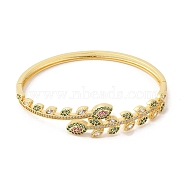 Colorful Cubic Zirconia Leaf Hinged Bangle, Brass Jewelry for Women, Real 16K Gold Plated, Inner Diameter: 2-3/8x2 inch(5.9x5.1cm)(BJEW-L681-005G)