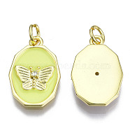 Brass Micro Pave Clear Cubic Zirconia Enamel Pendants, with Jump Ring, Cadmium Free & Nickel Free & Lead Free, Real 16K Gold Plated, Oval with Butterfly, Champagne Yellow, 18.5x12x3mm, Jump Ring: 5x1mm, 3mm inner diameter(KK-Q283-004F-NR)