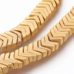 Electroplated Non-magnetic Synthetic Hematite Bead Strand, Arrows, Matte Style, Golden Plated, 3.5x6.5x3mm, Hole: 1mm, about 215pcs/strand, 16.53 inch(42cm)(G-E500-02B)