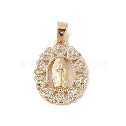 Brass Cubic Zirconia Pendants, Long-Lasting Plated, Oval with Holy Virgin Charms, Golden, 21x16.5x2mm, Hole: 5x3mm(KK-Z050-21G)