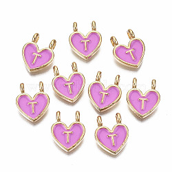 Alloy Enamel Charms, Cadmium Free & Lead Free, Heart with Initial Letters, Light Gold, Orchid, Letter.T, 14.5x11.5x4.5mm, Hole: 2mm(ENAM-T012-02T-RS)