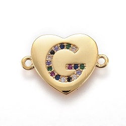 Brass Micro Pave Cubic Zirconia Links, Heart with Letter, Colorful, Golden, Letter.G, 14~14.5x19.5~20x1.5mm, Hole: 1.5mm(ZIRC-F093-55G-G)