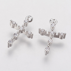 Brass Micro Pave Cubic Zirconia Tiny Cross Charms, Platinum, 13.5x9x2.5mm, Hole: 1mm(ZIRC-G133-07P)
