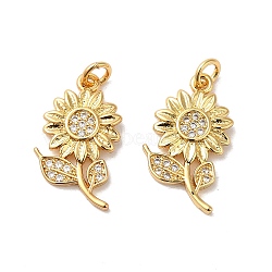 Rack Plating Brass Micro Pave Cubic Zirconia Pendants, with Jump Ring, Long-Lasting Plated, Lead Free & Cadmium Free, Sunflower, Real 18K Gold Plated, 18.5x11x2mm, Hole: 3mm(KK-K377-60G)