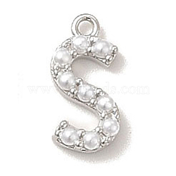 Plastic Imitation Pearl Pendants, with Eco-friendly Brass Findings, Lead Free & Cadmium Free, Letter Charms, Letter S, 13.5x7x3mm, Hole: 1.3mm(KK-P230-17P-S)