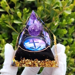 Orgonite Pyramid Resin Energy Generators, Reiki Natural Amethyst & Natural Obsidian Chips Inside for Home Office Desk Decoration, Sagittarius, 50mm(PW-WG55248-10)