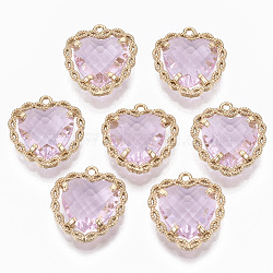 Glass Pendants, with Brass Open Back Settings, Faceted, Heart, Light Gold, Pink, 18x16~17x5.5mm, Hole: 1.2mm(GLAA-T021-04I)