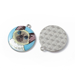 Printed Alloy Pendants, Platinum, Flat Round with Cat Charm, Deep Sky Blue, 28x25x3mm, Hole: 1.8mm(ENAM-P246-03P-05)