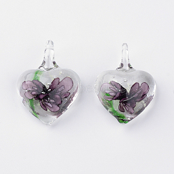 Handmade Luminous Lampwork Pendants, with Inner Flower, Heart, Old Rose, 27~33x21~23x9~11mm, Hole: 4~7mm(X-LAMP-R136-04C)