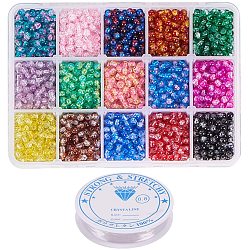Spray Painted Crackle Glass Beads, Round, with Crystal Thread, Mixed Color, 4mm, Hole: 1.1~1.3mm, about 230pcs/color, about 3450pcs/box(CCG-PH0002-14)