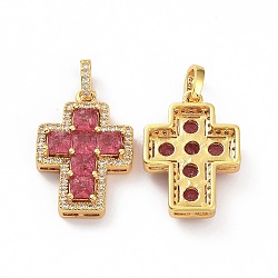 Brass Micro Pave Clear Cubic Zirconia Pendants, Cross, Religion, Cerise, 24x17x5mm, Hole: 3.5x5~5.5mm(ZIRC-F135-24G-01B)