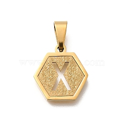 304 Stainless Steel Charms, Real 18K Gold Plated, Hexagon with Letter Charm, Letter X, 15x14x1.5mm, Hole: 3x5.5mm(STAS-H227-01G-X)