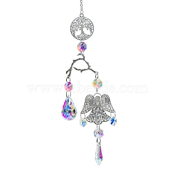 Alloy Tree of Life & Branches Hanging Ornaments, Glass Teardrop/Cone Tassel Suncatchers for Garden Outdoor Hanging Decorations, Colorful, 390mm(PW-WG68560-01)