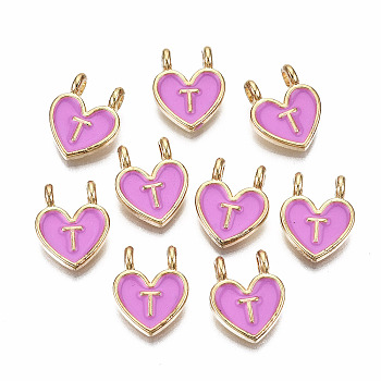 Alloy Enamel Charms, Cadmium Free & Lead Free, Heart with Initial Letters, Light Gold, Orchid, Letter.T, 14.5x11.5x4.5mm, Hole: 2mm