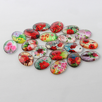 Multi-Color Flower Theme Ornaments Glass Oval Flatback Cabochons, Mixed Color, 18x13x4mm