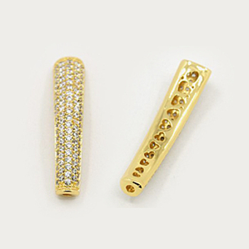 Brass Micro Pave Cubic Zirconia Beads, Hollow, Tube, Golden, 33x7x5mm, Hole: 1.5mm