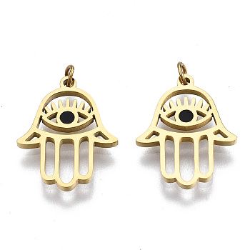 304 Stainless Steel Enamel Charms, with Jump Rings, Hamsa Hand/Hand of Fatima/Hand of Miriam with Eye, Real 14K Gold Plated, Black, 14.5x11.5x1mm, Jump Ring: 2.7x0.4mm, 1.9mm inner diameter