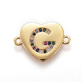 Brass Micro Pave Cubic Zirconia Links, Heart with Letter, Colorful, Golden, Letter.G, 14~14.5x19.5~20x1.5mm, Hole: 1.5mm