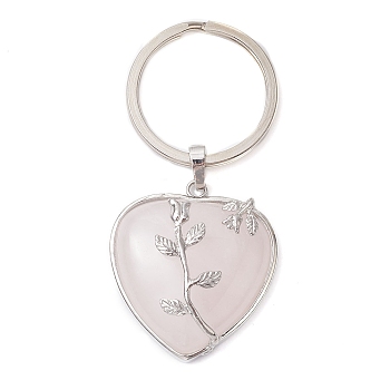 Natural Rose Quartz & Brass Heart Pendant Keychains, with Iron Split Key Rings, 7cm, Pendants: 36x33x10mm