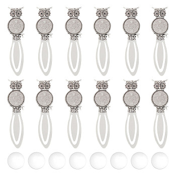 12Pcs Owl Tibetan Style Alloy Bookmarks Cabochon Settings, with Round Tray and Fit for Rhinestone, Cadmium Free & Lead Free, with 12Pcs Glass Cabochons, Antique Silver, 88x22.5x3mm, Fit for 1.5mm, Tray: 20mm