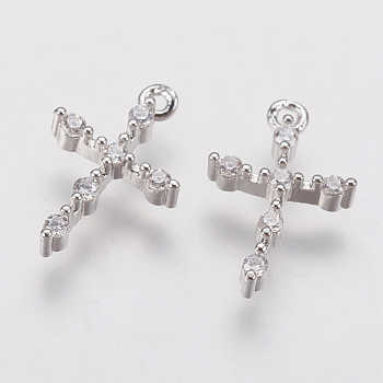 Brass Micro Pave Cubic Zirconia Tiny Cross Charms, Platinum, 13.5x9x2.5mm, Hole: 1mm