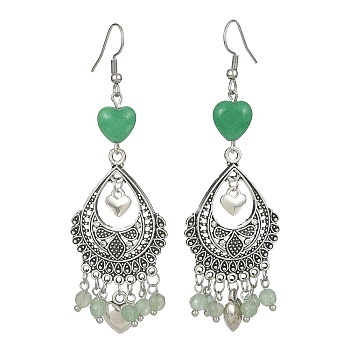 Natural Green Aventurine &  Malaysia Jade (Dyed) Heart Chandelier Earrings, Alloy Teardrop Earrings with 304 Stainless Steel Pins, 80x26mm