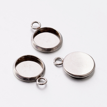 Flat Round 304 Stainless Steel Charm Settings, Stainless Steel Color, Tray: 10mm, 15.5x12x2mm, Hole: 2.2mm