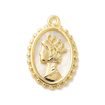 Brass Pave Shell Pendants, Oval with Queen Charms, Real 18K Gold Plated, 19.5x13x2~2.5mm, Hole: 1.5~1.6mm