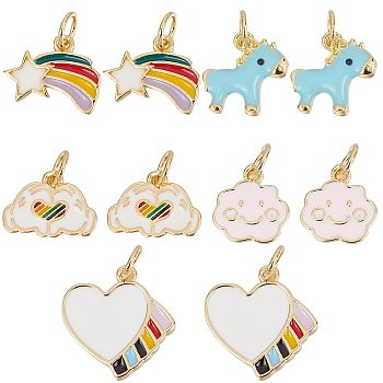 10Pcs 5 Style Real Real 18K Gold Plated Plated Brass Charms, with Enamel and Jump Rings, Long-Lasting Plated, Meteor & Heart & Horse, Mixed Color, 9~15x10~14.5x1.5~2mm, Hole: 3mm, 2pcs/style