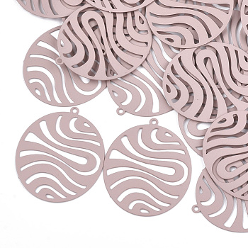 430 Stainless Steel Filigree Pendants, Spray Painted, Etched Metal Embellishments, Oval, Pink, 30x25x0.3mm, Hole: 1.2mm