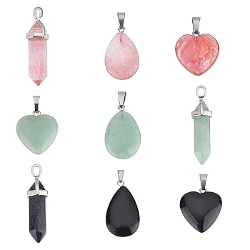 SUNNYCLUE 9Pcs 9 Style Natural & Synthetic Mixed Gemstone Pendants, with Brass & Alloy Findings, Heart & Bullet & Teardrop, Platinum, 1pc/style