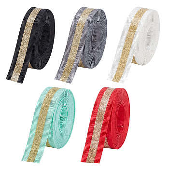 WADORN 10Yards 5 Colors Laser Reflective Polyester Ribbon, Gold Glitter Ribbon, Flat, Mixed Color, 3/4 inch(20mm), 2 yards/color